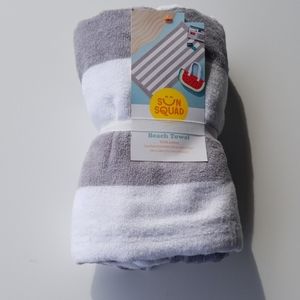 NWT Beach towel, gray/ white stripes- sun squad